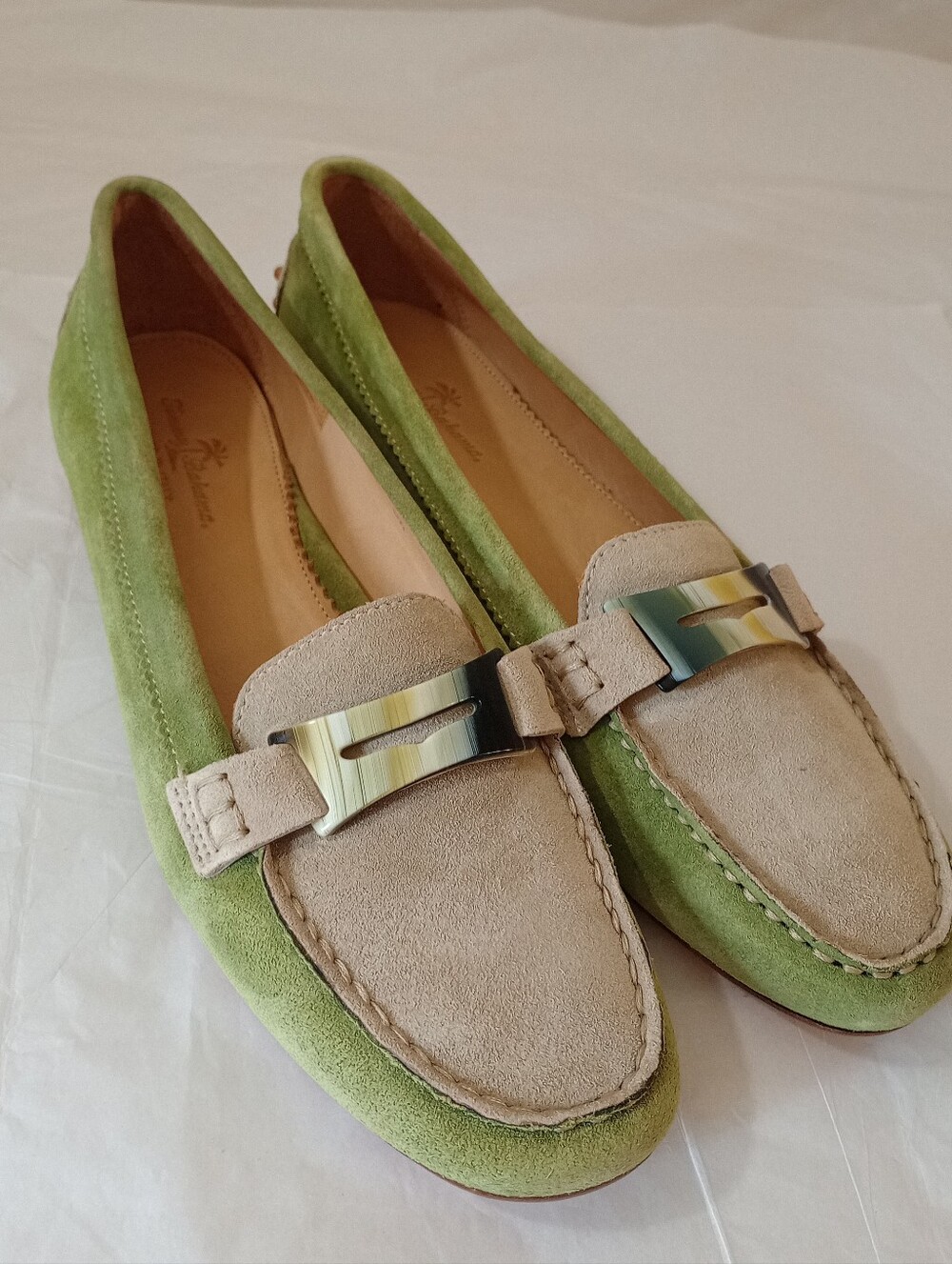 Tommy Bahama Bon Voyage Women's Green Suede Slip-On Flats with Buckle Detail